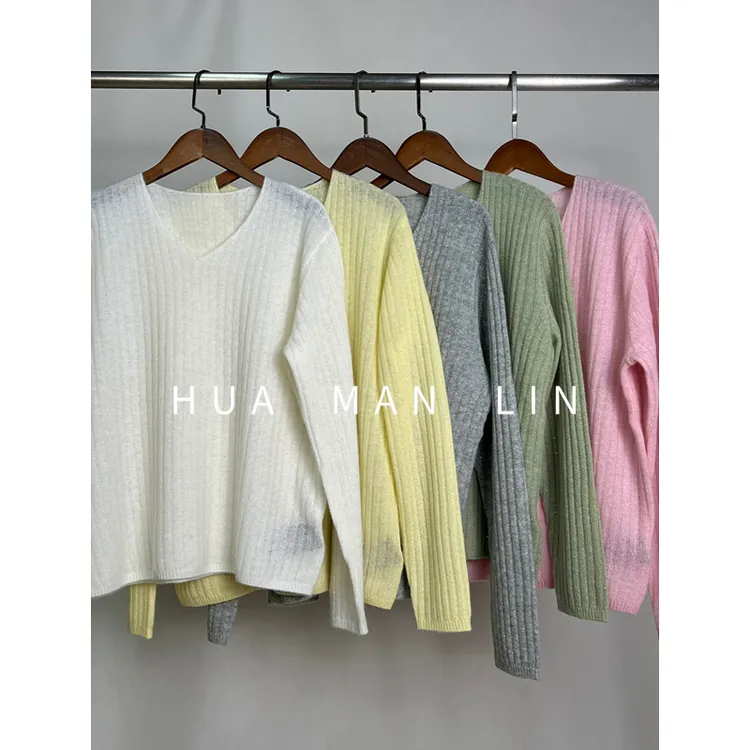 【花满林】五色V领竖条纹净版山羊绒上衣58223