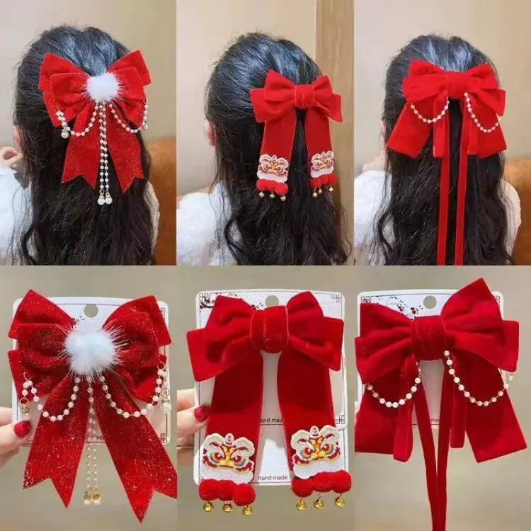 儿童蝴蝶结发夹头饰女童过年中国风红色飘带发卡女孩新年夹子发饰