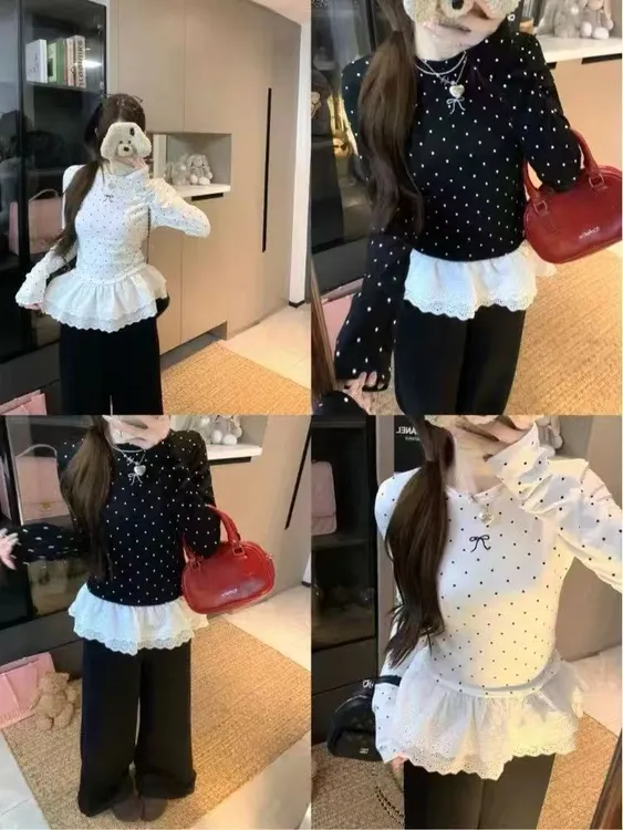 波点蕾丝内搭长袖百搭打底衫韩系拼接设计感显瘦打底上衣洋气小衫