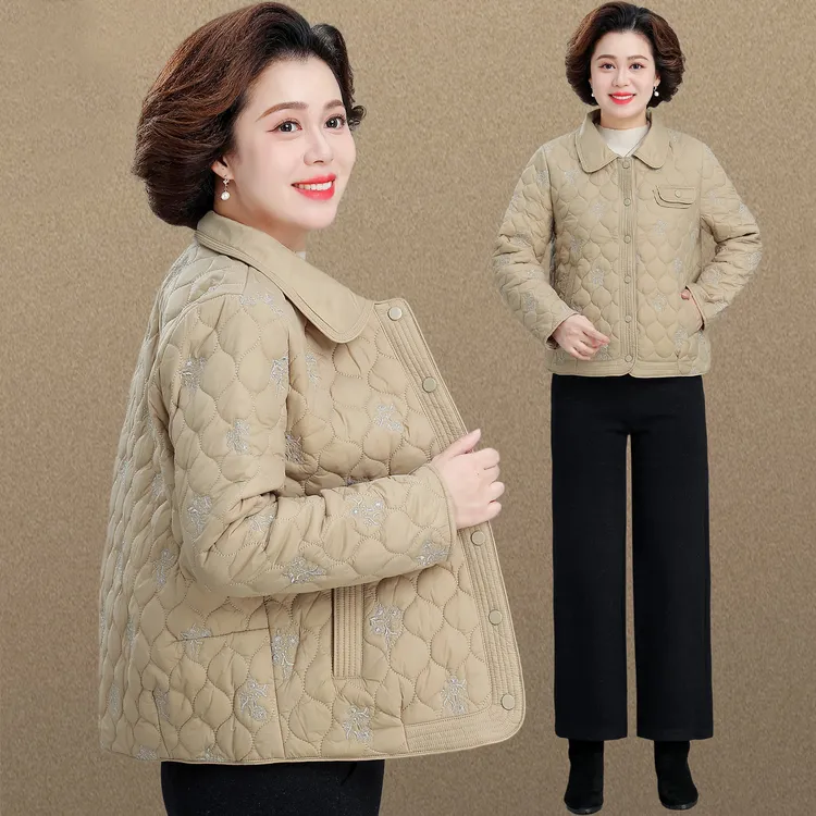 妈妈秋冬夹棉外套2025新款短款刺绣棉服中老年女冬装轻薄棉衣棉袄