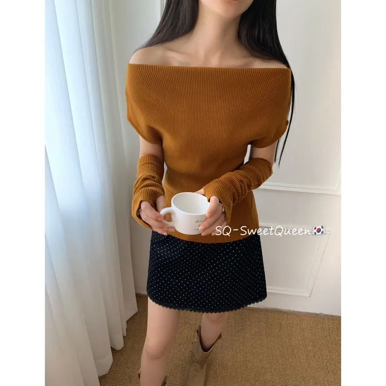 纯欲风辣妹一字肩针织衫女2025早秋新款打底衫女款爆款2025新款