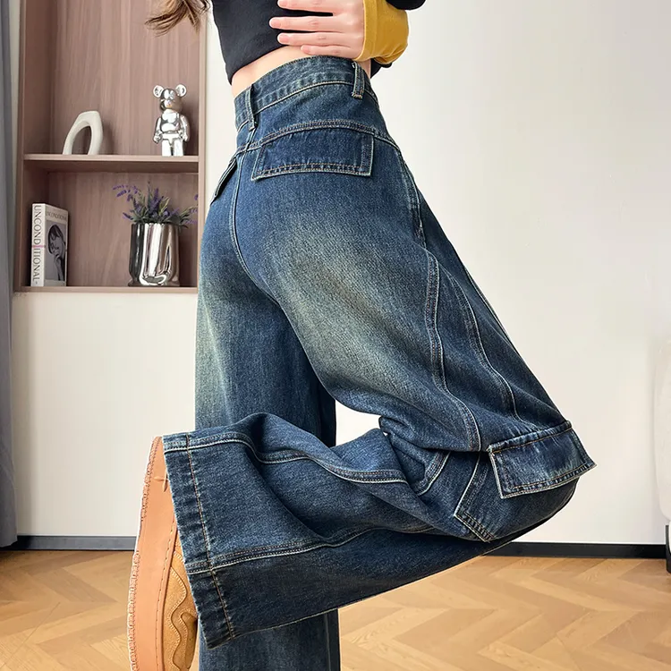蜜蜜穿搭复古工装牛仔裤女2025秋季大口袋工装裤欧美风街头弯刀裤