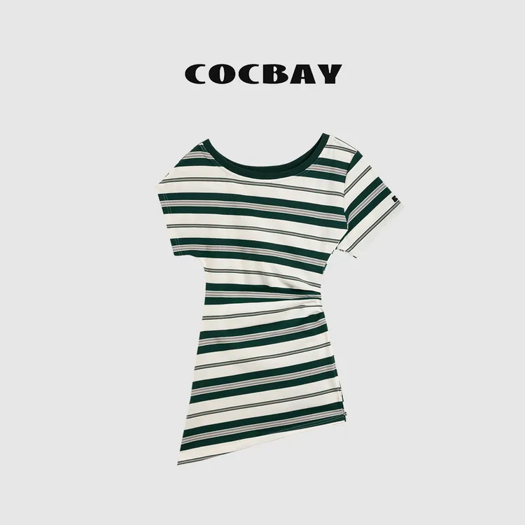 COCBAY-Urban Drift|不对称斜领收腰条纹休闲撞色T恤裙YQ0002