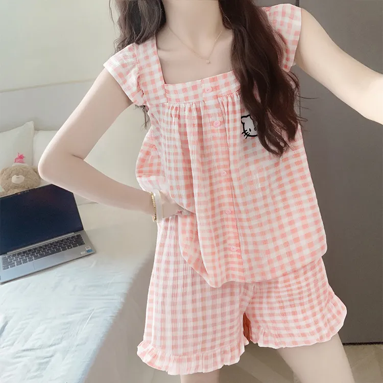 可爱kitty猫睡衣女2025新款夏季纯棉纱吊带背心小飞袖外穿家居服