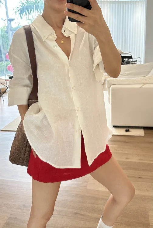 100亚麻材质手工卷袖短袖中袖衬衫+亚麻褶皱裙裤套装