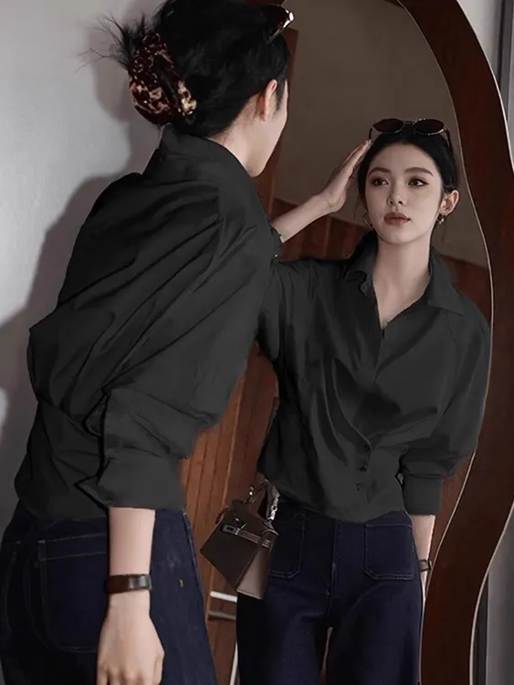 法式气质黑色长袖衬衫女秋季新款设计感巨好看收腰显瘦通勤上衣潮