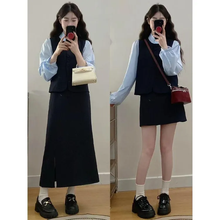 大码女装胖mm早春新款洋气时尚显瘦遮肉拼接长袖+半身裙两件套女