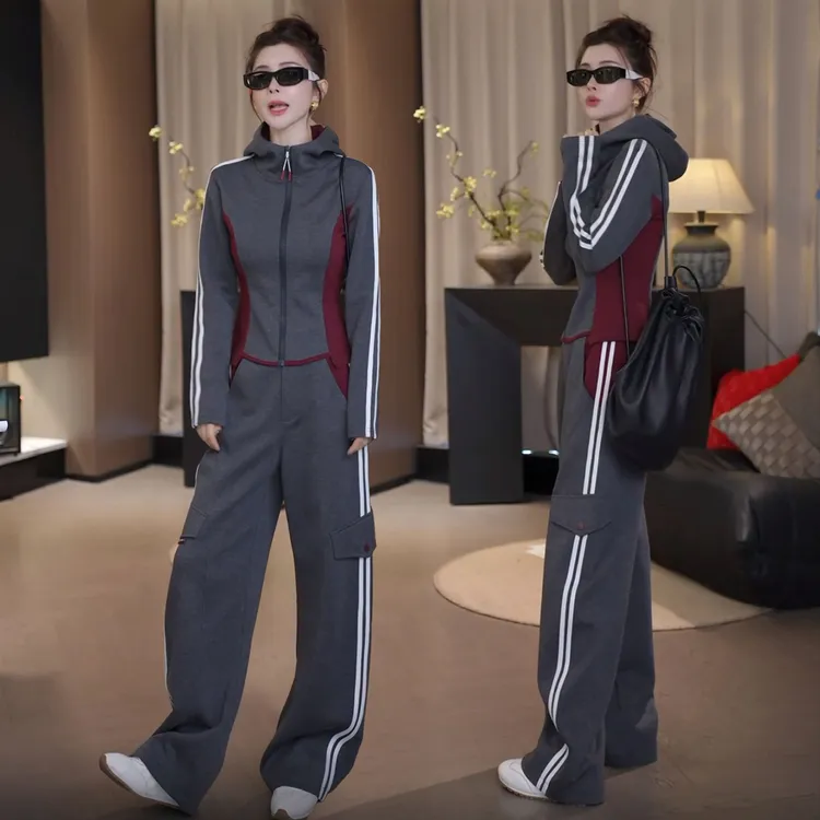 洋气修身显瘦休闲运动服套装女欧货2025春秋季爆款连帽卫衣工装裤