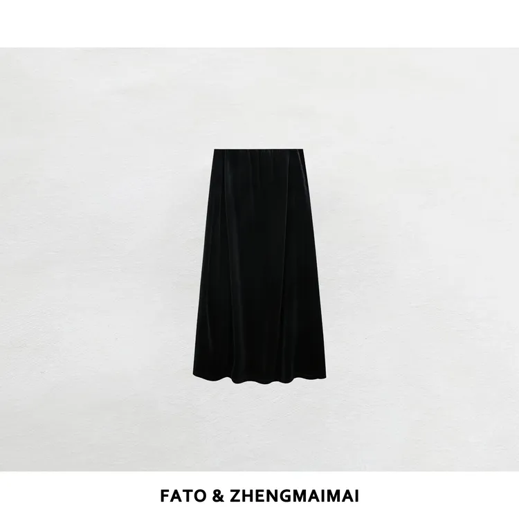 【郑买买】深海密语 秋季休闲百搭时尚丝绒蓝黑色半身裙 KW50821Q1