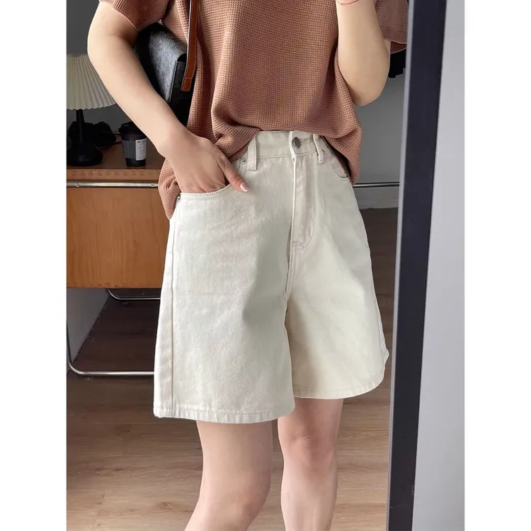 杏色高腰宽松牛仔短裤女2025年夏季新款阔腿显瘦设计百搭五分裤子