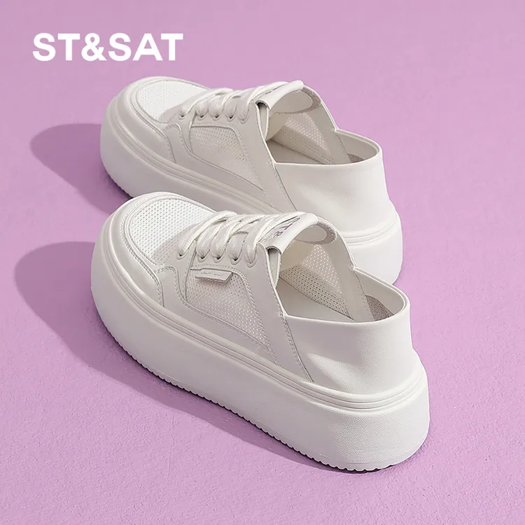 星期六女鞋旗舰店小白鞋厚底2025夏季网面透气网鞋一脚蹬帆布板鞋