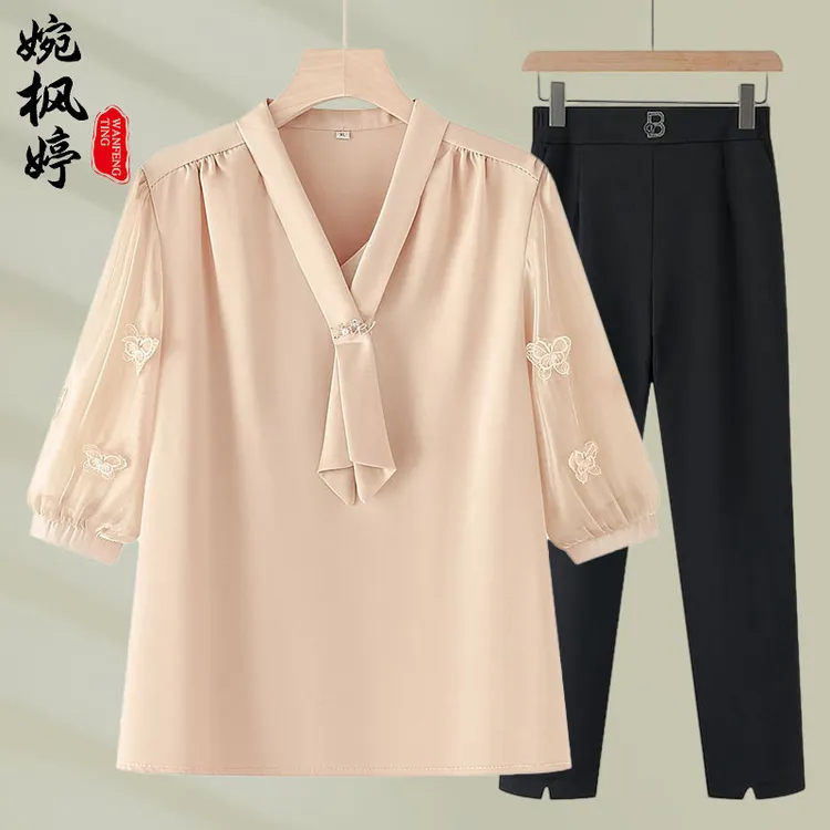 母亲节妈妈夏装高贵洋气七分袖小衫中老年女夏季时尚气质雪纺上衣