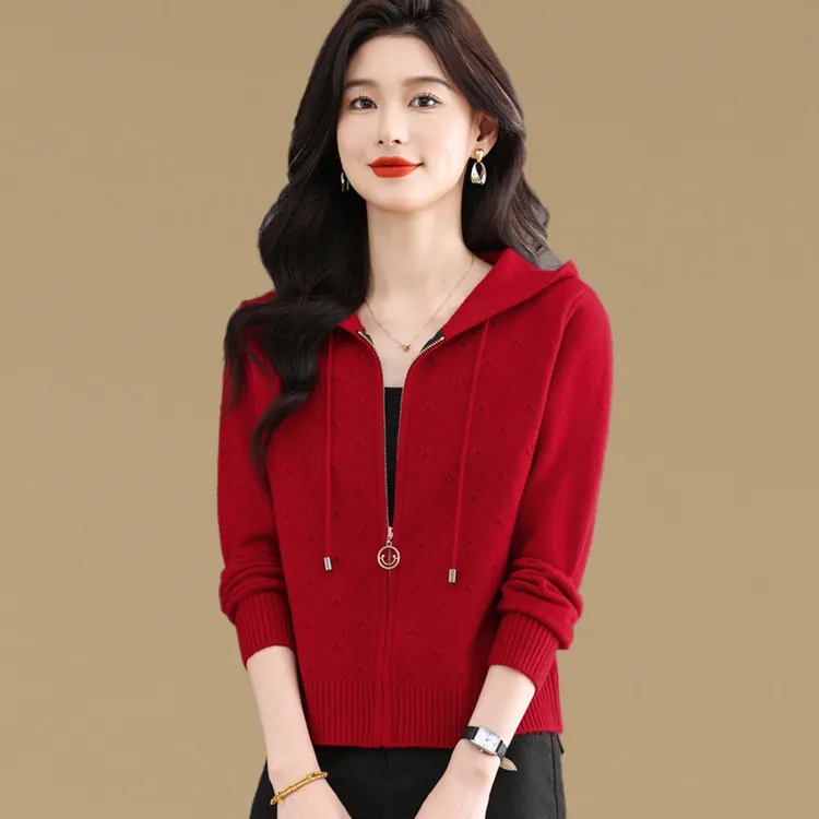 小个子拉链连帽毛衣外套女春秋新款高腰短款针织开衫配裙子的上衣