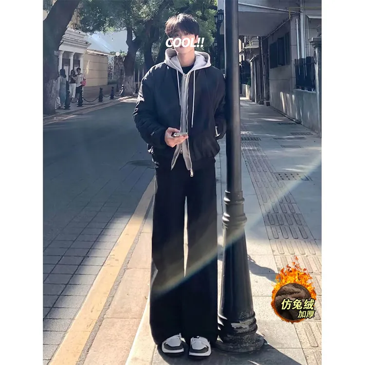 仿兔绒加绒休闲裤男士防寒保暖滑雪裤男显瘦时尚百搭黑色直筒长裤