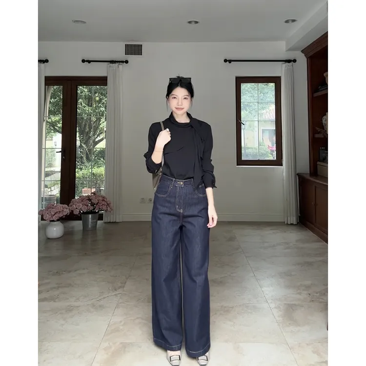 郭九九呢 设计感飘带荷叶边长袖衬衫高腰阔腿牛仔裤 G925C15147