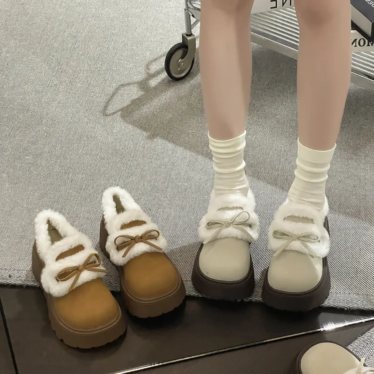 OJRZ复古厚底雪地靴女2025新款冬季加绒加厚低帮一脚蹬毛毛棉鞋女