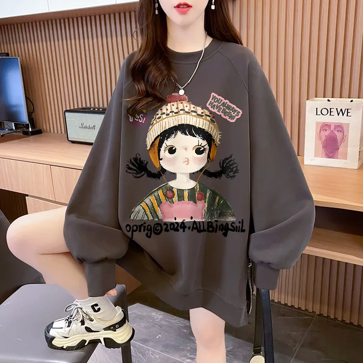 下衣失踪卡通侧拉链开叉卫衣女韩版宽松胖mm时尚减龄百搭薄款上衣