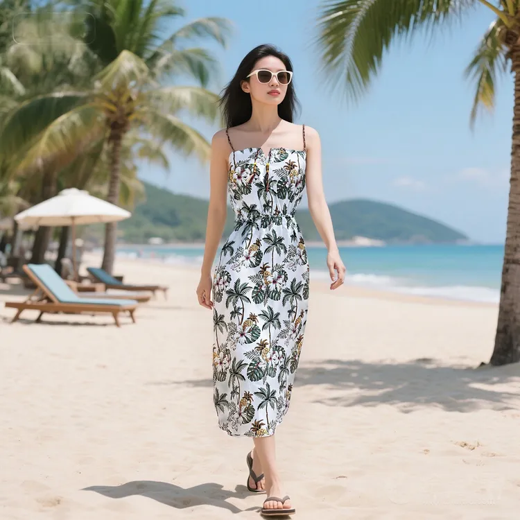 海南旅游三亚海边度假风连衣裙精致沙滩气质无袖吊带碎花性感修身
