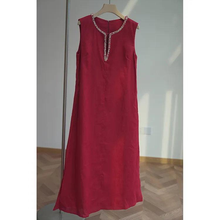 55YQ3628时尚轻奢高级设计感连衣裙夏新款重工钉珠直筒松弛感长裙