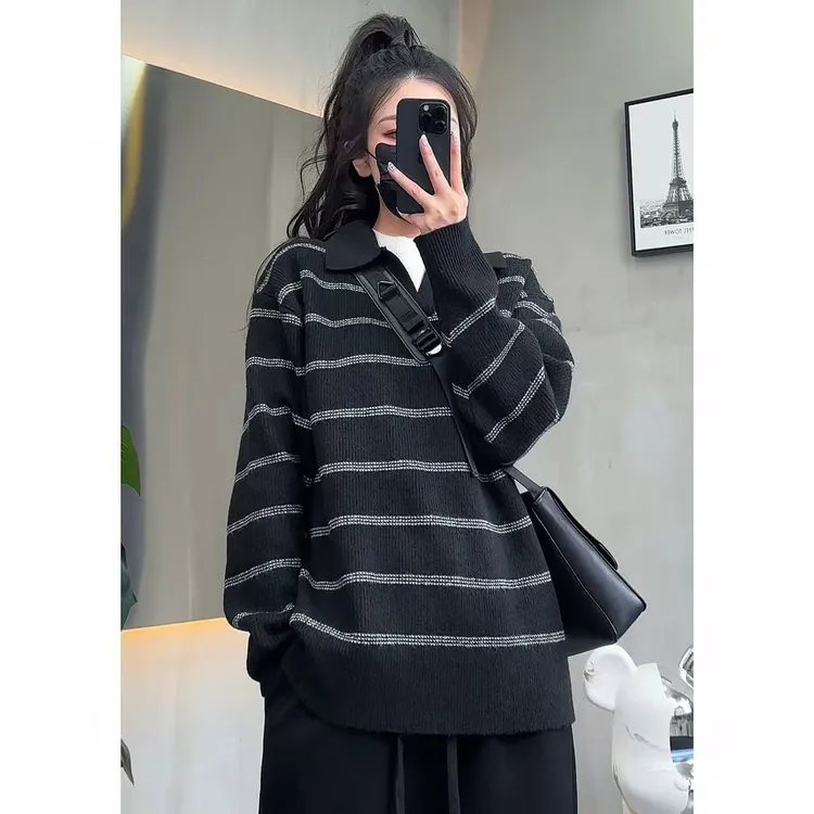 冬季男士翻领套头假两件针织毛衣时尚宽松条纹拼色垂感显瘦打底衫