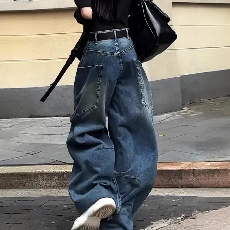 大码美式高街春秋新款今年流行爆款宽松阔腿弯刀香蕉工装牛仔裤子