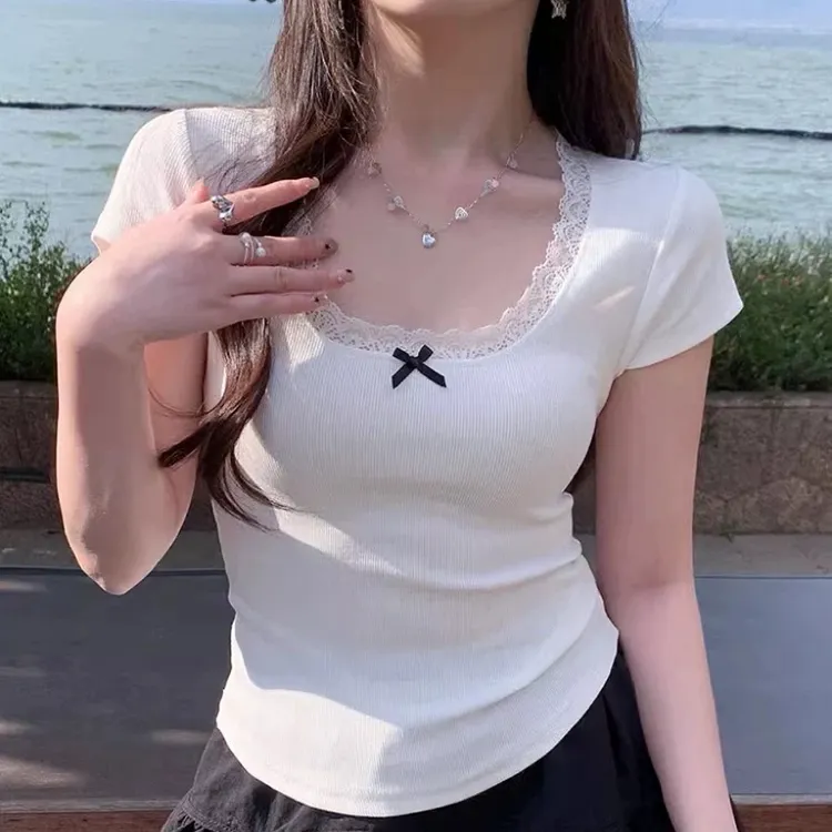 白色蕾丝花边短袖t恤女夏季修身蝴蝶结设计感小众纯欲正肩U领上衣
