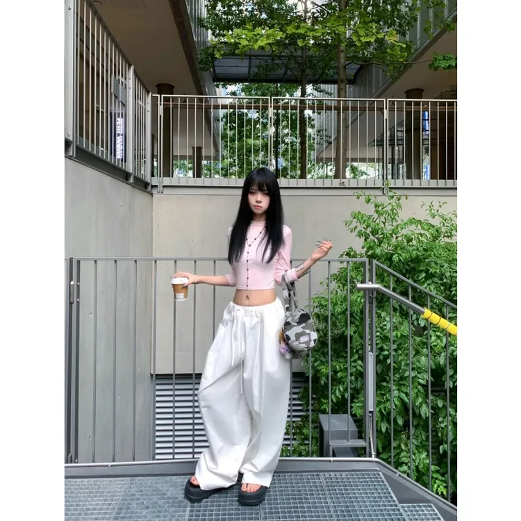 辣妹休闲多巴胺修身性感长袖T恤秋季新款复古高腰百搭阔腿长裤潮