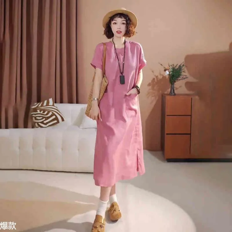 文艺复古纯色大口袋宽松亚麻长裙子女2025夏季新款透气大码连衣裙