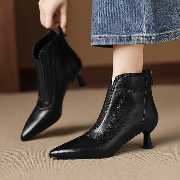 5cm尖头中跟细跟短靴牛皮瘦瘦靴复古高跟女靴秋冬百搭显瘦及踝靴