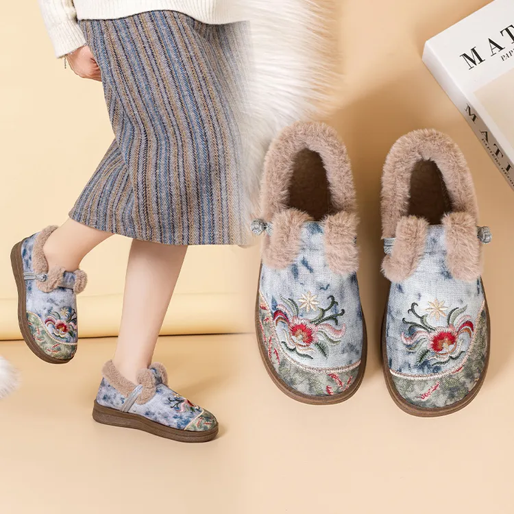 2025绵羊毛冬季老北京棉鞋女加绒加厚保暖妈妈鞋一脚蹬厚底绣花鞋
