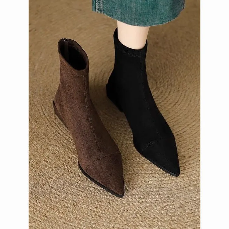 百搭小众弹力女士瘦瘦靴2025新款秋冬显瘦拉链裸靴底法式尖短靴