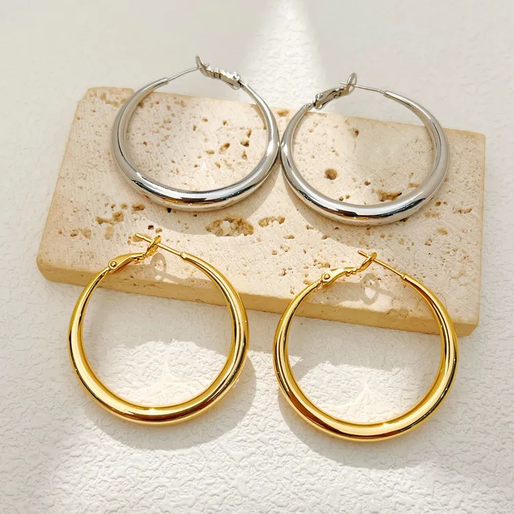 铜合金耳饰 百搭气质金属时尚耳圈欧美简约素圈冷淡风大耳圈经典