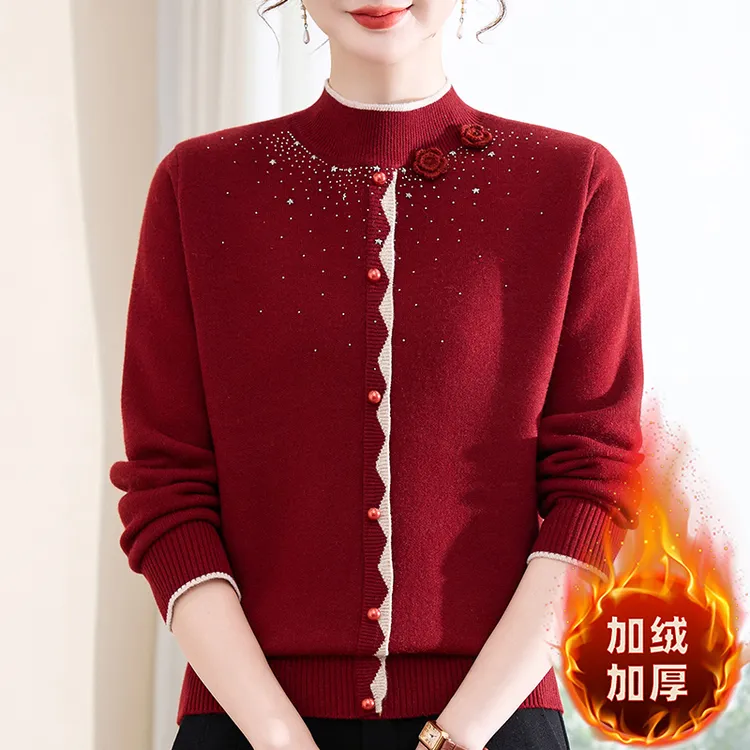 妈妈装冬季加绒加厚毛衣洋气一体绒上衣中老年女装保暖内搭打底衫