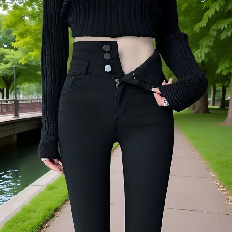 女士外穿小脚打底裤春秋薄款黑色铅笔裤子高腰弹力大码显瘦小黑裤