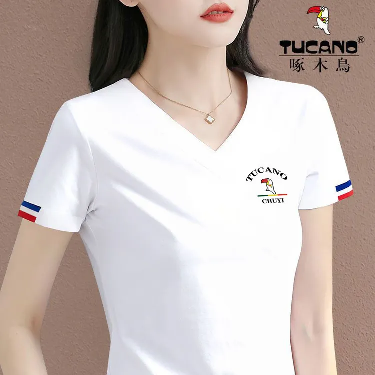 啄木鸟正品2025新款夏季t恤女洋气百搭时尚休闲显瘦短袖V领上衣潮
