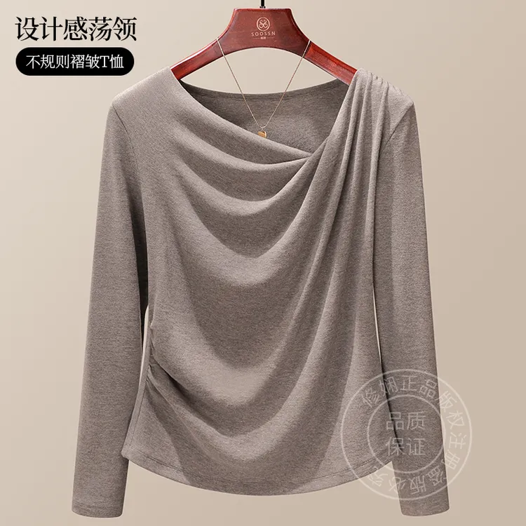 2025秋季新款不规则褶皱小众上衣ins别致独特设计感荡领长袖T恤女