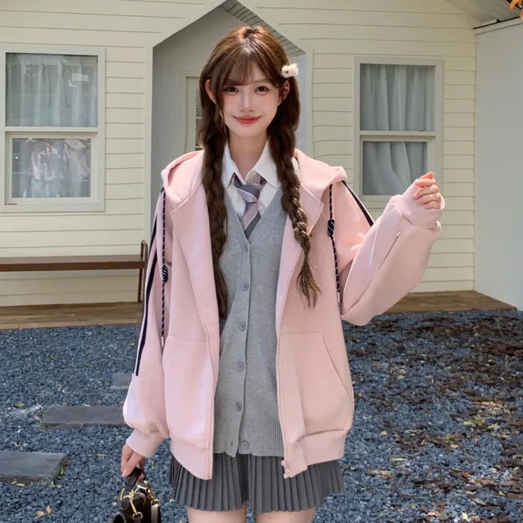 东京岁时记jk学院风粉色连帽卫衣女宽松休闲百搭春夏季薄款外套