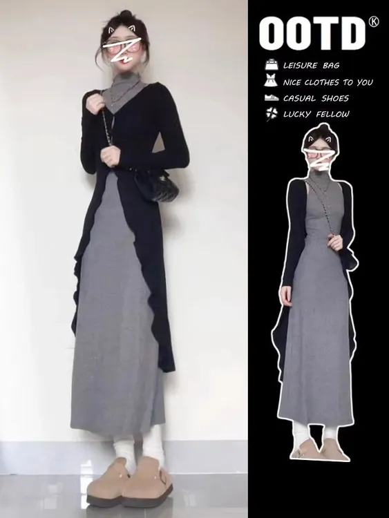 2025年新款针织开衫灰色连衣裙子秋季新中式女装修身包臀长裙套装