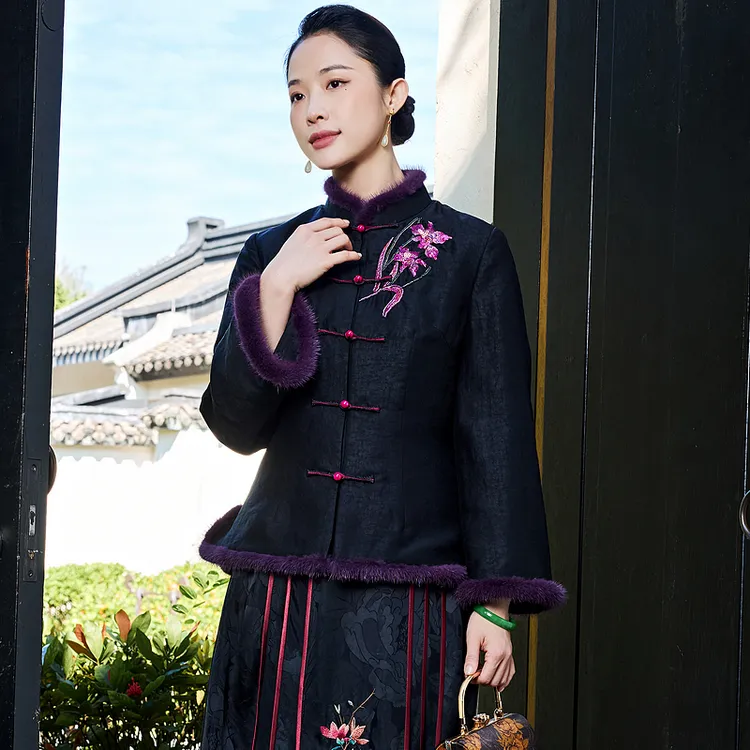 【紫绶兰馨】100%桑蚕丝龟纹香云纱收腰显瘦复古中式夹棉外套W25256