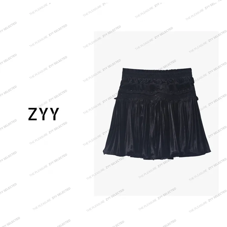 ZYY【琉璃记】2025S/S新品复古A型廓形丝绒刺绣压褶半裙X25QDQ04164