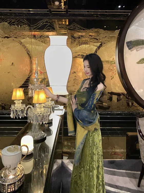 【雅乔定制】远山如黛 重工植绒人丝吊带连衣裙长裙DYZY-25067678