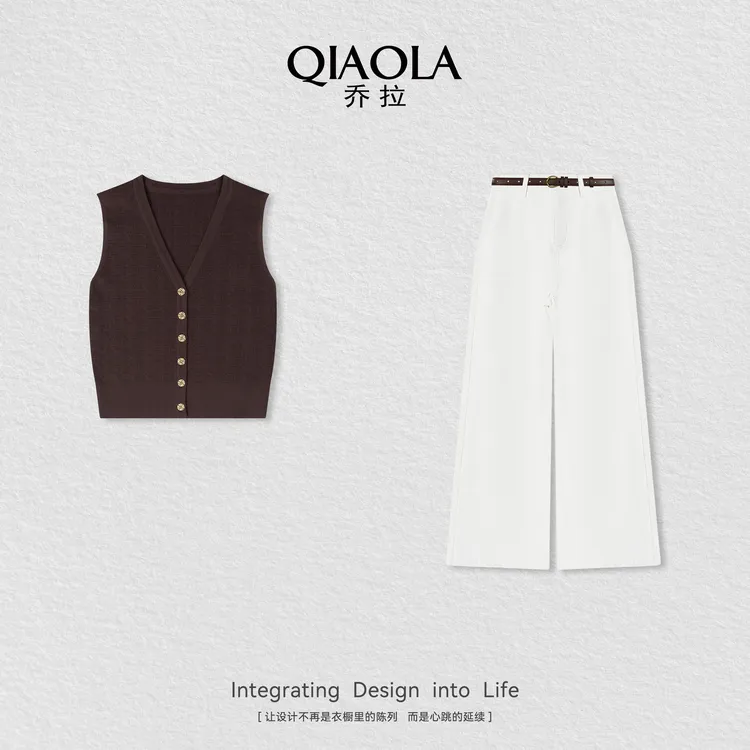 QIAOLA/乔拉【自然由己】夏季新款V领上衣阔腿裤时尚套装