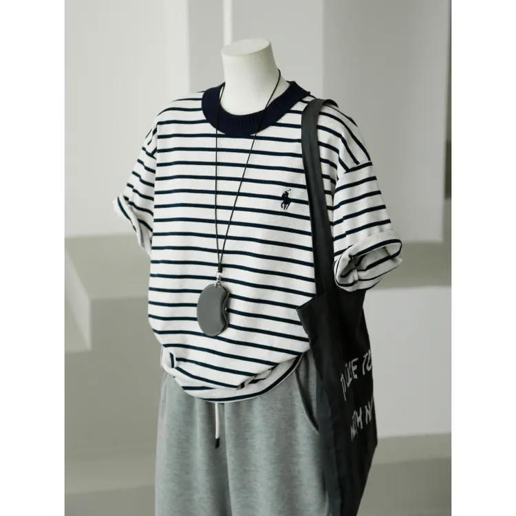 条纹撞色领短袖T恤女宽松韩版休闲百搭显瘦圆领春季新款短袖上衣