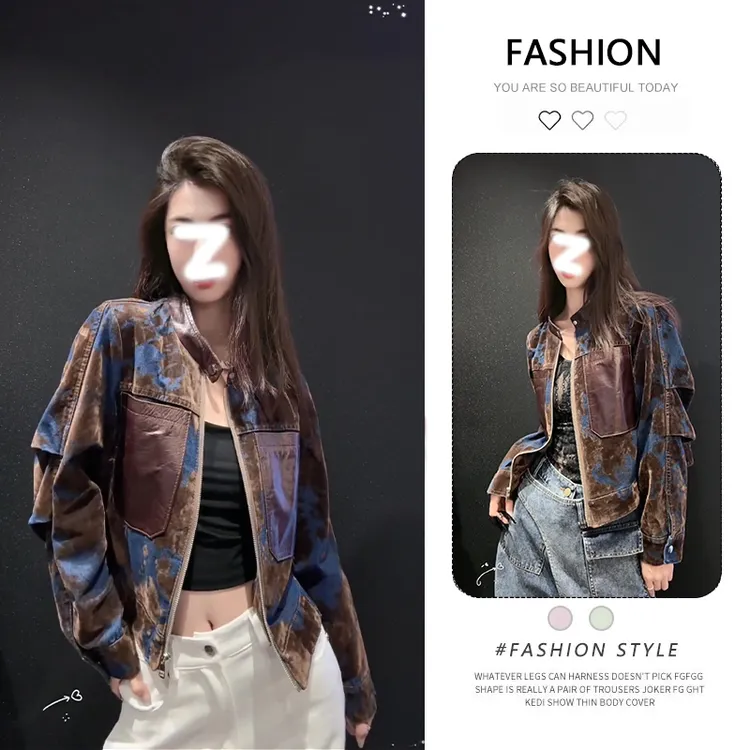 拼接pu皮衣外套女春秋新款小个子短款韩版宽松高级感复古夹克上衣