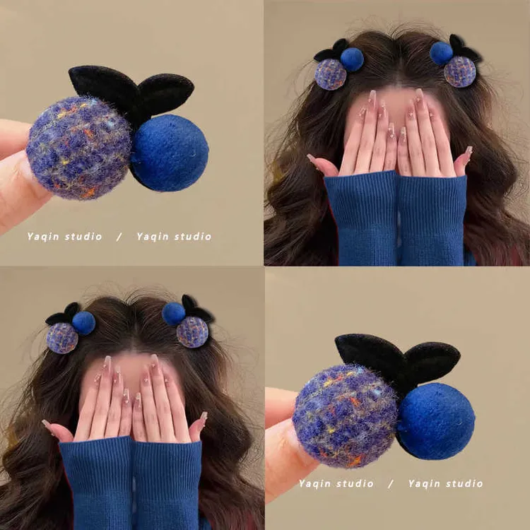 毛呢蓝色毛线樱桃小抓夹网红纽扣发夹少女毛球刘海夹顶夹女秋冬