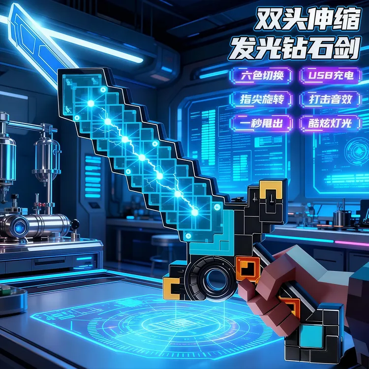 双刃伸缩我的钻石剑世界发光玩具男孩子格子宝剑荧光棒像素激光剑