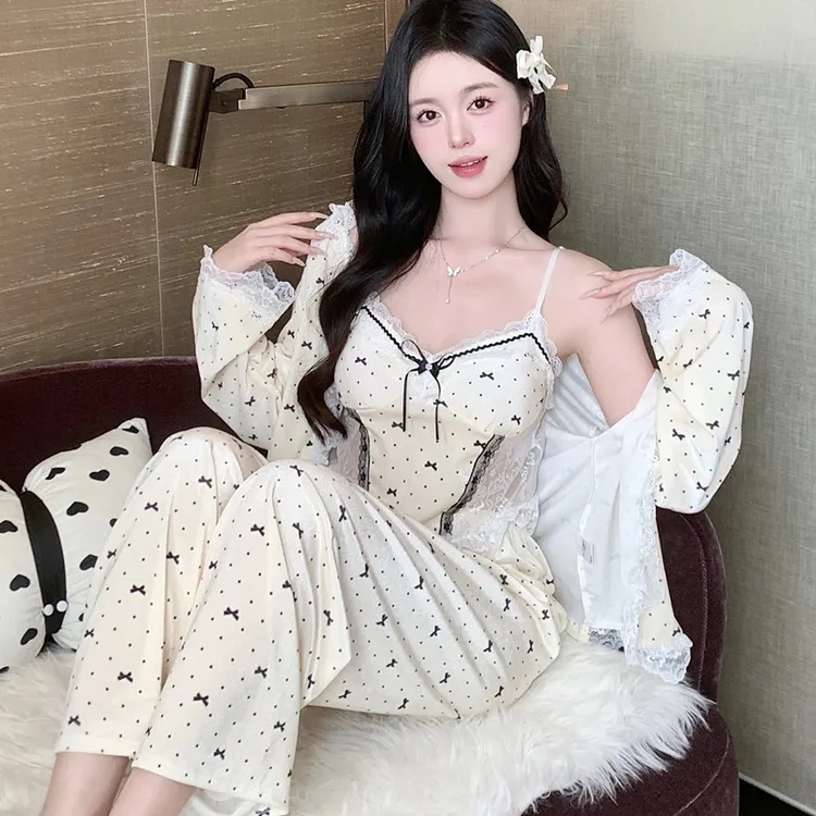 跨境蝴蝶结金丝绒睡衣女套装性感吊带带胸垫三件套可外穿家居服