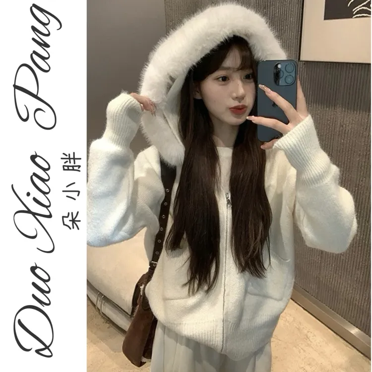 大码秋冬拼接拉链连帽慵懒韩版时尚胖mm套头百搭宽松女长袖针织衫