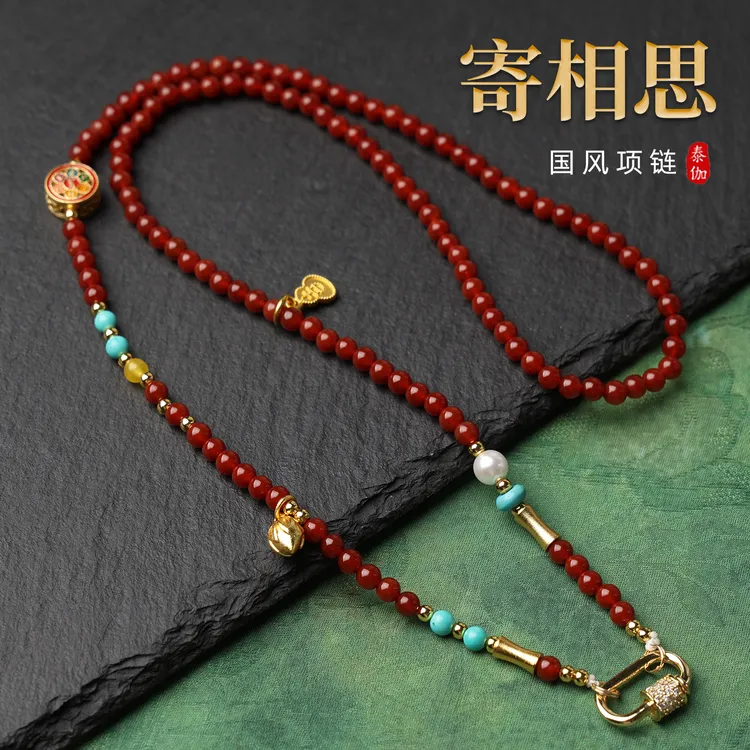 合金仿水晶吊坠 红圆珠宋锦项链毛衣链泰国系佛牌链子唐卡吊坠链