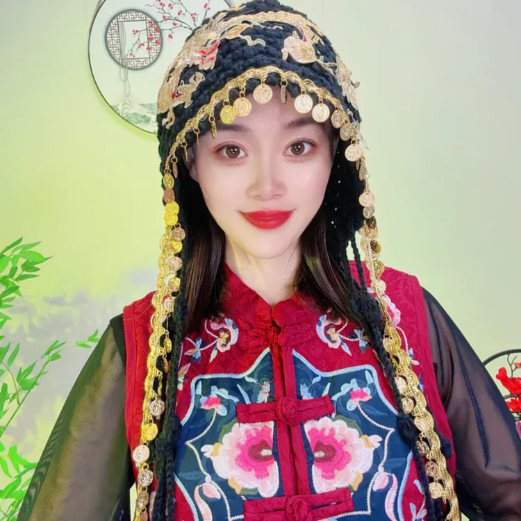 秋季新款民族风刺绣时尚编织流苏毛线帽子女护耳针织包头帽套头帽